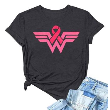 Imagem de Camisetas femininas para câncer de mama Support Squad fita rosa conscientização do câncer de mama camiseta manga curta outono, Cinza escuro, XXG