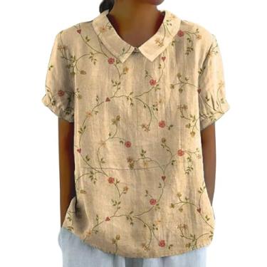 Imagem de Camisetas femininas de linho de manga curta com gola e estampa floral fofas blusas femininas boho para sair camiseta túnica casual de verão, Caqui, GG
