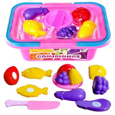 Imagem de Kit Alimentos de Brinquedo Crec Crec + Cesta de Mercado 8 Peças Comidinhas Faz de Conta