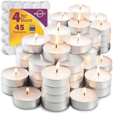 Imagem de MontoPack Velas de chá sem cheiro em volume | 45 velas brancas, sem fumaça, sem gotejamento e de parafina de longa duração | Mini velas votivas pequenas para casa, piscina, shabbat,