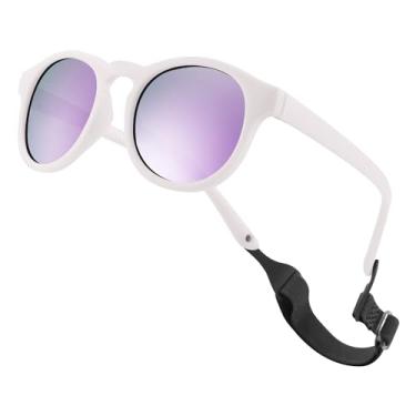 Imagem de LIU·WEN Óculos de sol redondos para bebês polarizados com alça - UV400 flexível para bebês meninos meninas de 0 a 24 meses, A6 branco fosco/roxo espelhado, Medium