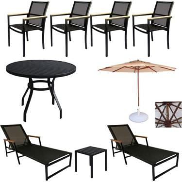 Imagem de Kit Moveis Piscina com Mesa Ripada 4 Cadeiras Aluminio, 2 Espreguiçade