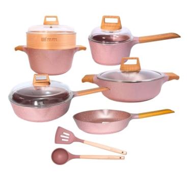 Imagem de Jogo de Panelas Antiaderente Mármore Cerâmico Saltê 13 Peças cor Rosê