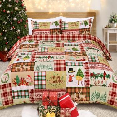 Imagem de Conjunto de capa de edredom de Natal, Queen, árvore de Natal, Papai Noel, patchwork, 3 peças, boneco de neve, cervo, xadrez, capa de edredom macia com fecho de zíper (1 capa de edredom, 2 fronhas)