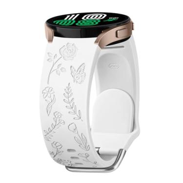 Imagem de AK Pulseira com gravação floral para Samsung Galaxy Watch 6 de 40 mm e 44 mm/Galaxy Watch 6 Classic de 43 mm e 47 mm, de silicone macio de 20 mm, pulseira de substituição ajustável para Galaxy Watch