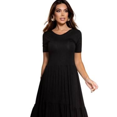 Imagem de Vestido Midi Soltinho Casual  Manga Curta Gola Redonda - Gisele Freita