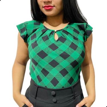 Imagem de Blusinha Feminina Social Crepe Estampa Xadrez - Look Modas Octavio, M,