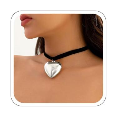 Imagem de YienDoo Colar gargantilha punk de veludo preto ouro/prata com pingente de coração grosso vintage preto hippie gótico preto veludo coração amor colar gargantilha joia para mulheres, Zinco, Sem Pedra