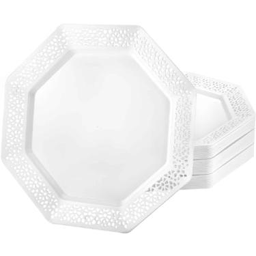 Imagem de Lillian Tablesettings Pratos de plástico - Pacote com 10 placas de lacetágono, 28 cm, branco pérola