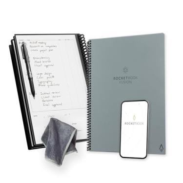 Imagem de Rocketbook Caderno reutilizável Fusion Smart – calendário, listas de tarefas e páginas de modelo de notas com 1 caneta Pilot Frixion e 1 pano de microfibra incluído – Capa cinza para espaço profundo, tamanho carta (21,5 x 28 cm) (pacote com 32)