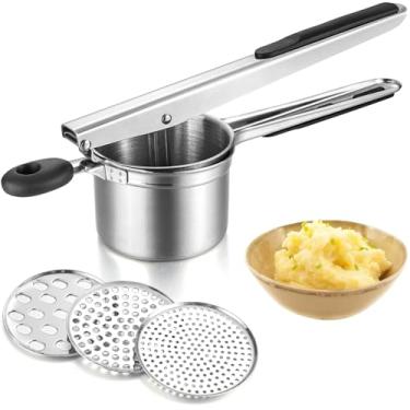 Imagem de AGUMINY espremedor de batatas espremedor de batatas de aço inoxidável resistente com 3 discos intercambiáveis, espremedor grande e ferramenta de cozinha espremedor para purê de batatas, fabr