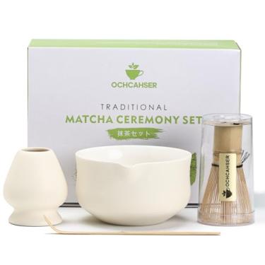Imagem de Ochcahser conjunto matcha, conjunto de chá japonês inclui tigela matcha com bico, suporte para batedor matcha (chasen), batedor matcha de bambu e colher de bambu, kit matcha de cerâmica para