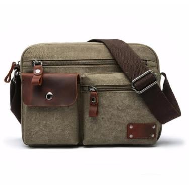 Imagem de Bolsa mensageiro masculina de lona transversal com vários bolsos, Verde militar, 20cm*28cm*12cm.