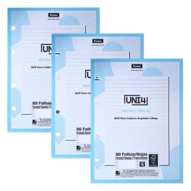 Imagem de Kit 03 Refil Fichário Colegial FORONI Uni4 Pauta Básica - 80fls de 56g