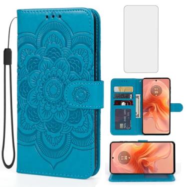 Imagem de Bohefo Capa para Moto G24/Moto G04/Moto E14/Moto G04S XT2423-1 Capa carteira com protetor de tela de vidro temperado, capa de telefone de couro mandala flip suporte para cartão de crédito para
