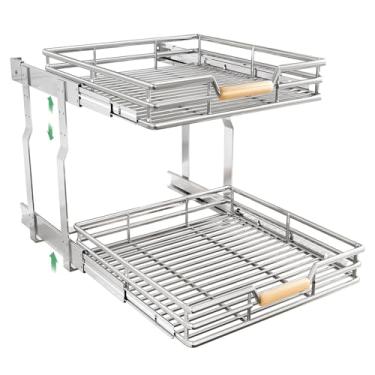 Imagem de Organizador de armário removível, 2 camadas 58 cm L x 53 cm D, prateleiras deslizantes sob armário para panelas e frigideiras, gavetas de extensão total, organização deslizante para despensa de