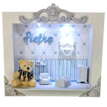 Imagem de Quadro Enfeite De Porta Maternidade Cenário Led - Branco e Azul bb Men