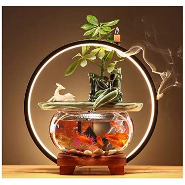 Imagem de Fonte de mesa para área de trabalho para relaxamento, fonte de mesa de cerâmica com tanque de peixes de vidro, base de madeira e luz LED, área de trabalho zen interna com recurso de água relaxante -