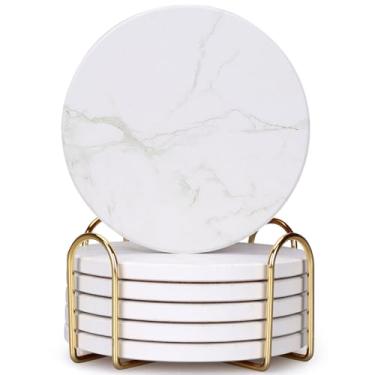Imagem de Dksyee Conjunto de 6 porta-copos de cerâmica estilo mármore branco com suporte de mesa de centro decoração de bebidas porta-copos de pedra absorvente para casa de fazenda rústica, bar, café, mesa