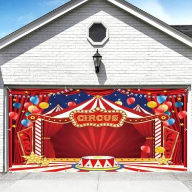 Imagem de Decoração de faixa de cobertura de porta de garagem de circo cenário 2,4 x 4,9 m grande playground carnaval cortina vermelha porta de garagem ao ar livre tema circo festa de aniversário chá de bebê