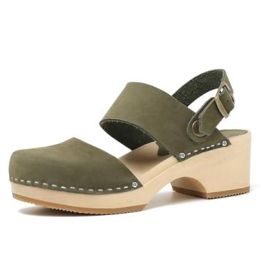 Imagem de Tamanco feminino feito à mão de madeira mule 5,8 cm aberto nas costas tamancos de couro clássico com tira no tornozelo para uso duradouro, Verde oliva, 41