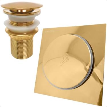 Imagem de Dona D Cor, Valvula Click Dourada 1 1/4 E Ralo Click 15x15 Aço Inox Kit Escoamento Banheiro Gold Ralo Inteligente 15cm E Valvula Ralo Pia Banheiro Lavatorio 40mm