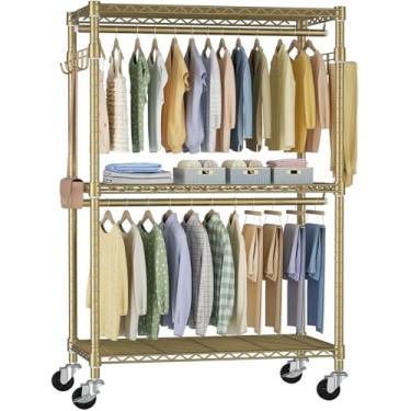 Imagem de Arara para roupas FUTASSI P1, organizador móvel, armário de metal com rodas traváveis, guarda-roupa com dois varões e ganchos, 90 cm L x 40 cm P x 204,5 cm A, carga até 204 kg, dourado