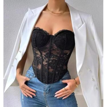 Imagem de G0325-Blusa Top Cropped Festa Renda Preto Corpete Corselet 111z - Xumi