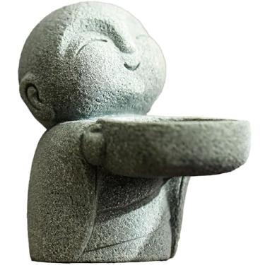 Imagem de ZKSYLSM Estátua de Buda de arenito, vela e suporte de cone de incenso, pequena estatueta Jizo para decoração de casa, minúsculo Buda Zen Monge Tealight suporte para mesa, prateleira ou mesa de