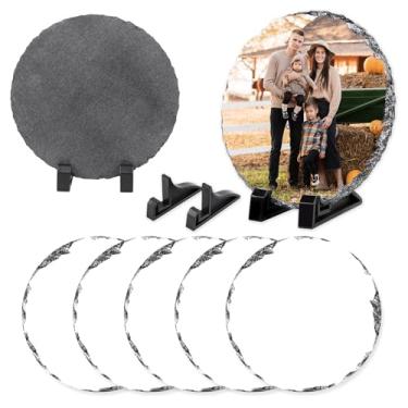 Imagem de OKBA 5 peças em branco de ardósia de sublimação 14 x 14 cm, placa fotográfica de pedra de transferência de calor com suporte de exibição de ardósia de pedra personalizado DIY para decoração de Natal