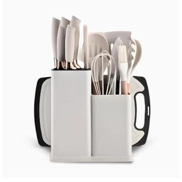 Imagem de Utensilios para Cozinha Silicone Kit com 19 Peças Cabo Madeira Suporte Faca Antiaderente Tabua Tesoura Faqueiro (Branco) - YODHE