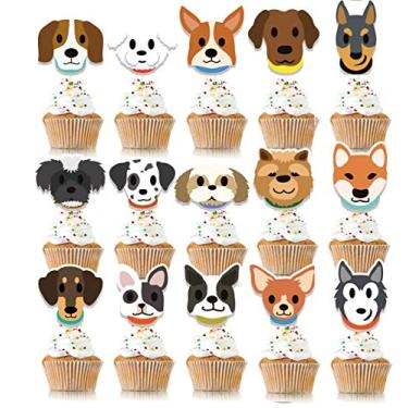 Imagem de KUDES 32 peças de topos de cupcake para cachorro – topos de bolo fofos com rostos de filhotes, decorações de festa para tema de cachorro, crianças, aniversário, chá de bebê, artigos de festa