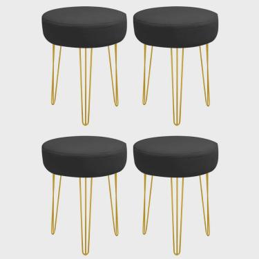 Imagem de Kit 04 Banquetas Puff Jullia Luxo 55cm Industrial Ferro Dourado Corino Preto - Ahazzo Móveis