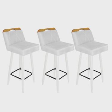 Imagem de Kit 03 Banqueta Alta c/ Encosto Lith Para Cozinha Bar Balcão Bistrô Pé Palito Branco Corino Branco - Ahz Móveis