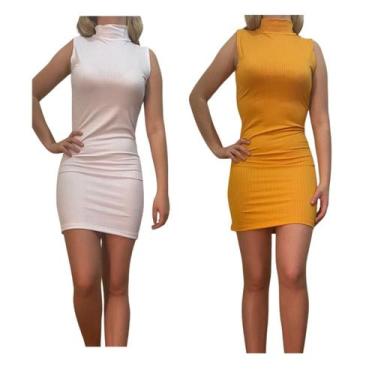 Imagem de KIT C/2 Vestidos Gola Alta Canelado - Emporio J, Branco, Mostarda, Uni