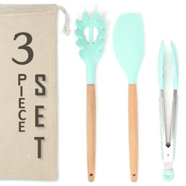 Imagem de Conjunto de 3 utensílios essenciais de cozinha, conjunto de espátula de silicone, servidor de macarrão e pinça resistente ao calor de 600 ºC, alças antiderrapantes que não arranham panelas, espátula