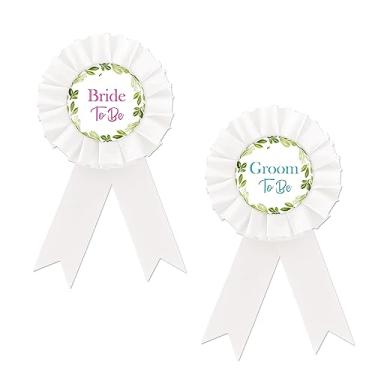 Imagem de Broche de crachá branco Bride To Be, broche de botão Greenery Bride To Be para casamento, botão noivo para ser, folhas de eucalipto, roseta branca para celebrações de despedida de solteira, folha de