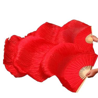 Imagem de TMZAQH 1 par feminino (esquerda + direita) de seda para fãs de dança do ventre véu de dança do ventre longos dobráveis comprimento 180 cm * 90 cm, Vermelho 2, 180*90cm