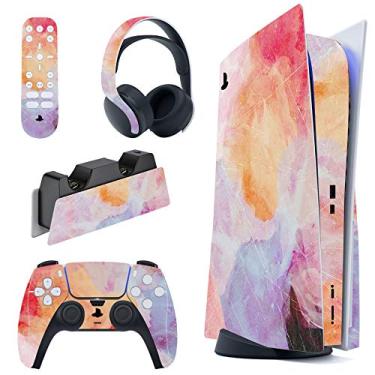 Imagem de PlayVital Efeito de mármore rosa laranja conjunto completo decalque para PS5 Console Disk Edition, capa de vinil adesivo PS5 para controle Playstation 5 e DualSense e estação de carregamento e fone de ouvido e controle remoto de mídia