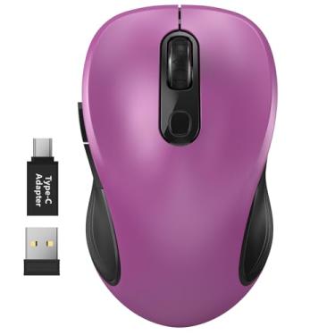 Imagem de WisFox Mouse sem fio de 2,4 G para laptop, mouse de computador ergonômico com receptor USB e adaptador tipo C, 3 níveis ajustáveis, mouse sem fio sem fio de 6 botões para Windows Mac PC Notebook