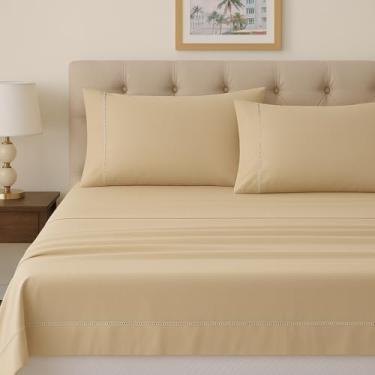 Imagem de Jogo de Cama Queen 4 Peças 100% Algodão Egípcio 300 Fios com Ponto Palito – Lençol com Elástico + Lençol Superior + 2 Fronhas (Bege)