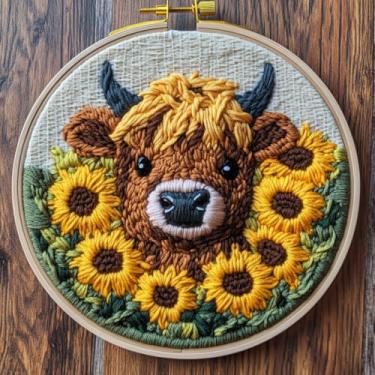 Imagem de Kit de agulhas de punção DIY bonito highland vaca em girassóis, fácil para iniciantes, conjunto de bordado para amantes de artesanato com padrão impresso e argola para decoração de casa 20 x 20 cm-7