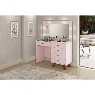 Imagem de Penteadeira Rosa Luna 5 Gavetas Led Espelho Pés Madeira