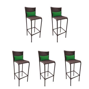 Imagem de Kit 05 Banqueta Alta Com Encosto Flora Área Gourmet Fibra Sintética Marrom Almofada Corino Verde