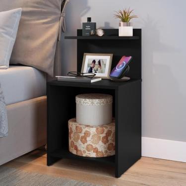 Imagem de Mesa de Cabeceira Fantasy Quarto Lateral c/Nicho Decorativo com Prateleira Suspensa para Cama - Loja Inova BR (Preto)