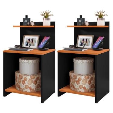 Imagem de Kit 2 Mesas de Cabeceira Quarto Lateral c/Nicho Decorativo com Prateleira Suspensa para Cama - Loja Inova BR (Preto/Cinam.)
