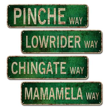 Imagem de Pinche Way Street Sign 4 PCS Duplex Printed Retro Lowrider/Chingate/Memamela/Pinche Way Signs for Bedroom Men Room Decor, Flexible & Waterproof Funny Mexican Signs Lowrider Wall Art, 4x14 Inches