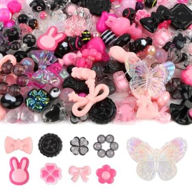Imagem de 150 peças de contas pastel acrílicas para fazer joias, laço colorido Kalolary borboleta flor kawaii plástico doce coração fofo macaroon contas estéticas para pulseira colar suprimentos DIY (rosa preta