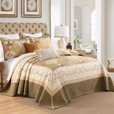 Imagem de SOElinens Colchas King extragrandes 120 x 120 - Conjunto de colcha country xadrez floral reversível California King, leve e fino, 3 peças, 100% algodão, King/Cal King, caramelo/bege/verde musgo