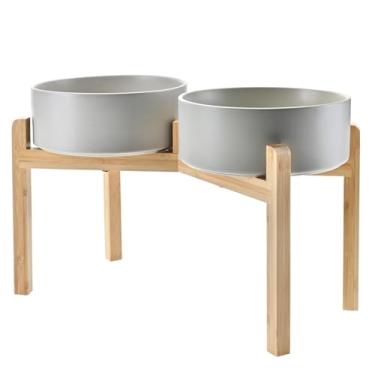 Imagem de SPUNKYJUNKY Tigelas elevadas de cerâmica para cães, 21 cm, para alimentos, água, elevadas com suporte de bambu antiderrapante, para raças grandes, podem ser lavadas no micro-ondas - 1,701 g, cinza